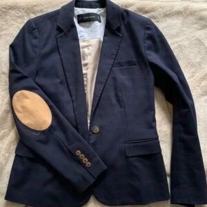 ZARA Basic Woman Elbow-Patch Plaid Cotton Blazer Coat Jacket Blue